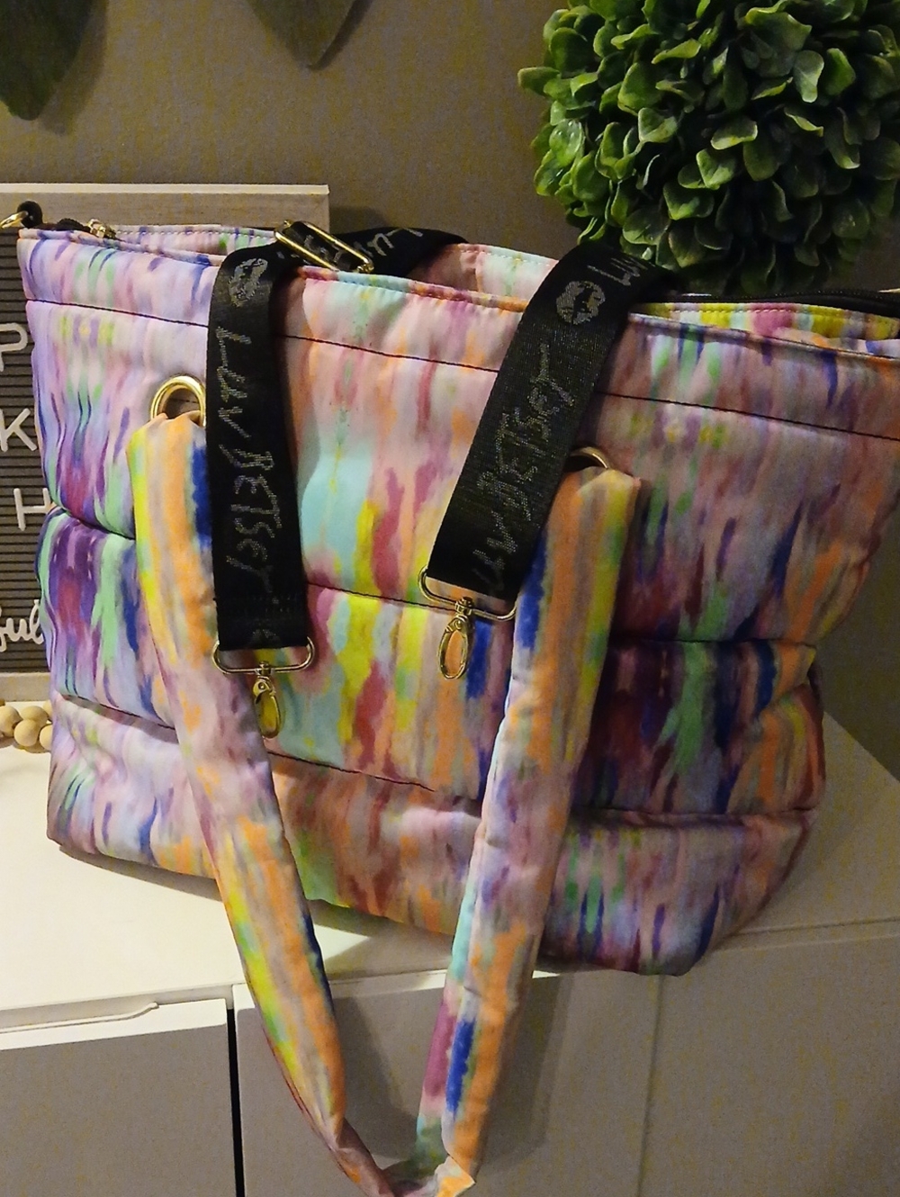 Betsey Johnson Multicolor Tie-Dye Puffer Tote w/ Black Logo Strap 🌈